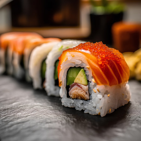 Sushi roll with salmon, avocado and cucumber on dark backgroundの素材