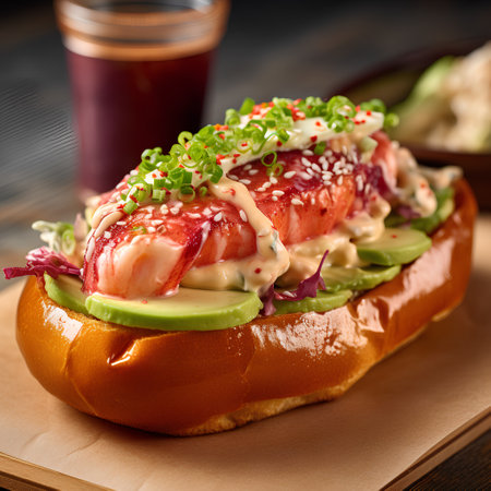 sandwich with salmon, avocado and mayonnaise on wooden backgroundの素材