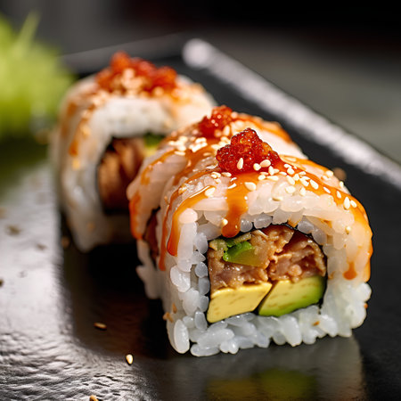 Sushi roll with salmon, avocado and cucumber on black backgroundの素材