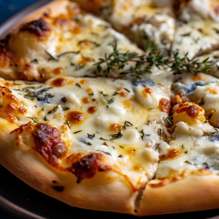 Pizza with mozzarella cheese and rosemary on a dark backgroundの素材