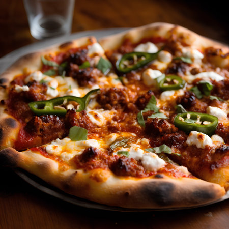 Pizza with mozzarella cheese and green peppers on a wooden tableの素材