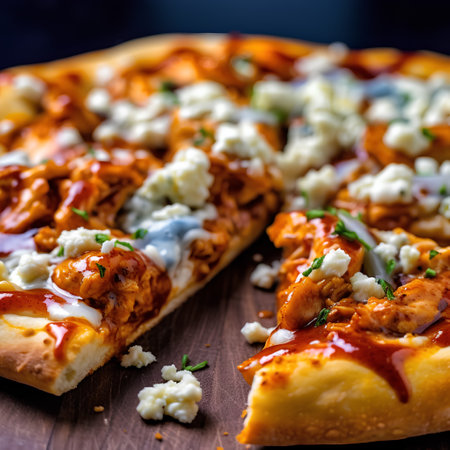 Pizza with chicken, cheese and herbs on a dark background.の素材