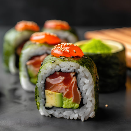Sushi roll with salmon, avocado and cucumber on a black backgroundの素材