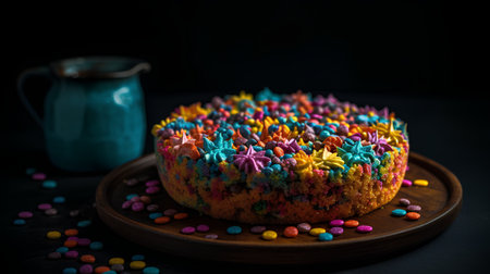 Cake with colorful sprinkles on a dark background. Selective focus.の素材