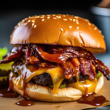 Hamburger with bacon, cheese and ketchup on a dark backgroundの素材