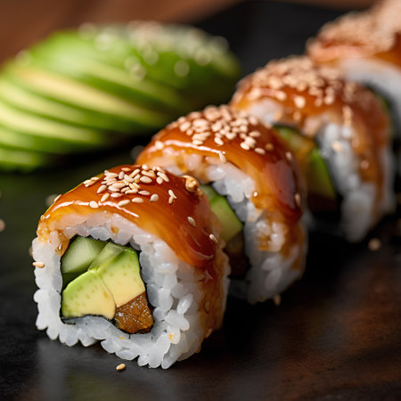 Sushi roll with salmon, avocado, cucumber and sesame seedsの素材