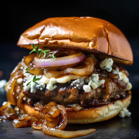 Closeup of a cheeseburger with onion rings, blue cheese and thymeの素材