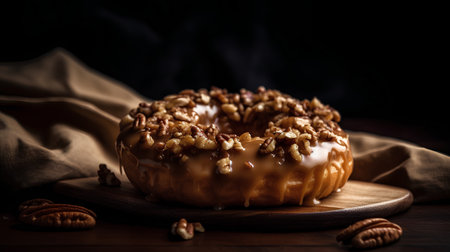 Donut with caramel glaze and nuts on a wooden background. Selective focus.の素材