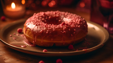 Donut with pink glaze on a plate on a wooden tableの素材
