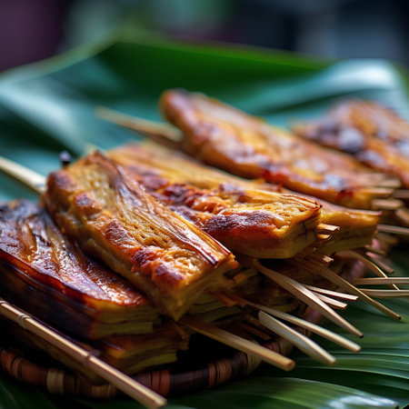Grilled eel on bamboo skewers on a green banana leafの素材