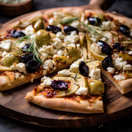 Pizza with mozzarella cheese, olives and rosemaryの素材