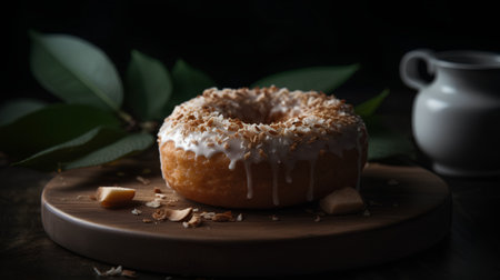 Donut with white glaze and coconut flakes on a dark backgroundの素材