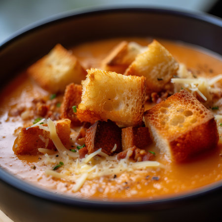 Creamy tomato soup with croutons and parmesan cheeseの素材