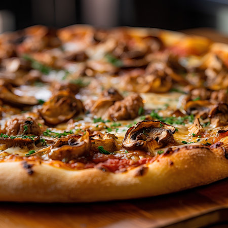 Pizza with mushrooms and mozzarella cheese on a wooden boardの素材