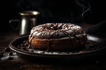 Chocolate bundt cake with icing sugar and coffee on wooden backgroundの素材