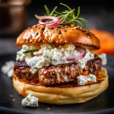 Grilled beef burger with cottage cheese, onion and rosemary.の素材