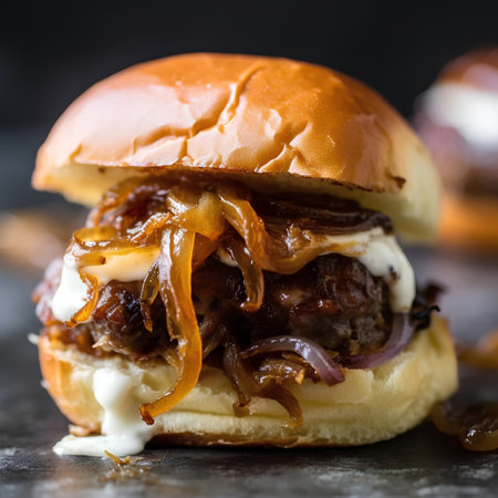Beef burger with onion and mayonaise on a dark backgroundの素材