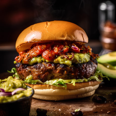 Beef burger with guacamole and avocado on dark backgroundの素材