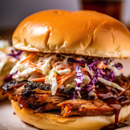 Delicious hamburger with pulled pork and coleslaw, close upの素材