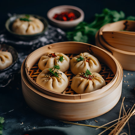 Chinese steamed dumplings in bamboo steamer on dark backgroundの素材