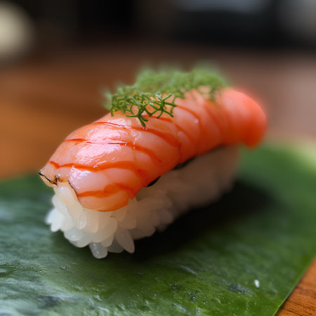 Sushi on a green leaf on a wooden table. Shallow depth of fieldの素材