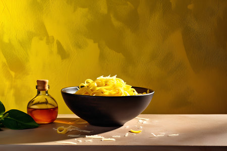 Spaghetti with oil in a black bowl on a yellow background.の素材