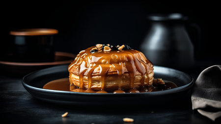 Caramel bundt cake with caramel sauce and nuts on black backgroundの素材