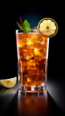 Cuba libre cocktail with lemon and mint on a black backgroundの素材