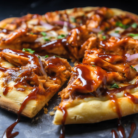 Pizza with chicken, onion and sauce on a black background.の素材