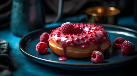 Donut with raspberries on a blue plate. Toned.の素材