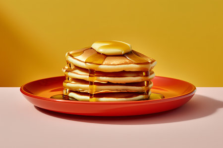 Stack of pancakes with honey on orange background. 3d illustration.の素材
