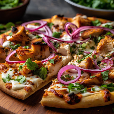 Pizza with chicken, onion and cilantro on a wooden boardの素材