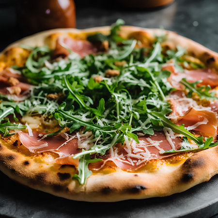 Pizza with prosciutto, arugula and parmesan. Italian foodの素材