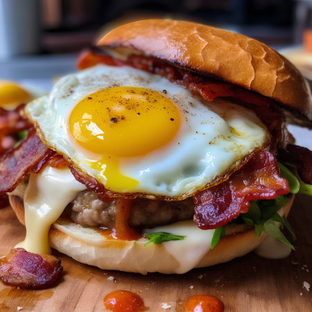 Burger with fried egg, bacon and tomato on wooden board.の素材