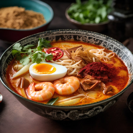 Tom yum kung, japanese noodle soup with shrimps, prawns and egg.の素材