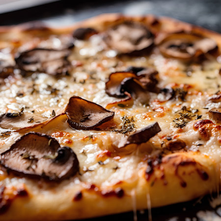 Pizza with mushrooms and mozzarella on a black background.の素材
