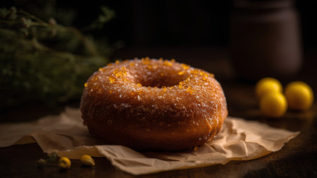 Delicious donut with icing sugar and yellow easter eggs on wooden backgroundの素材