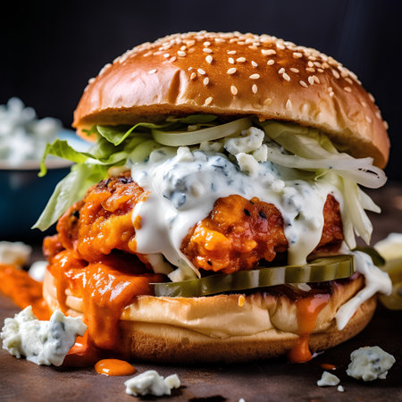 Bacon burger with chicken, cheese and pickles on wooden backgroundの素材