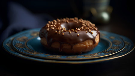 Chocolate donut on a blue plate. Selective focus.の素材