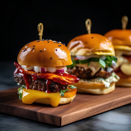 Close up of tasty hamburgers on cutting board over dark backgroundの素材