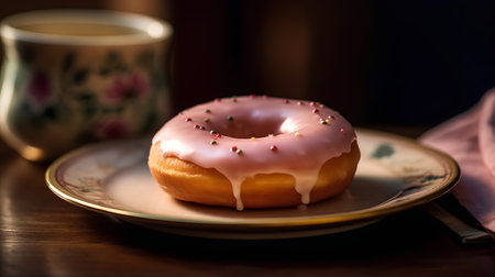 Donut with pink glaze on a plate and a cup of teaの素材