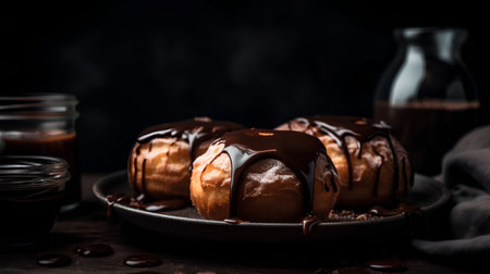 Chocolate eclairs with chocolate glaze on a dark backgroundの素材