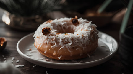 Donut with coconut flakes on a wooden background. Selective focus.の素材