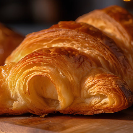 Croissants on a wooden board, close-up, selective focusの素材