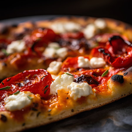Pizza with mozzarella, tomatoes and rosemary on a dark backgroundの素材
