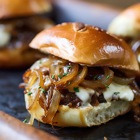 Closeup of homemade hamburger with beef, onion and mayonnaiseの素材