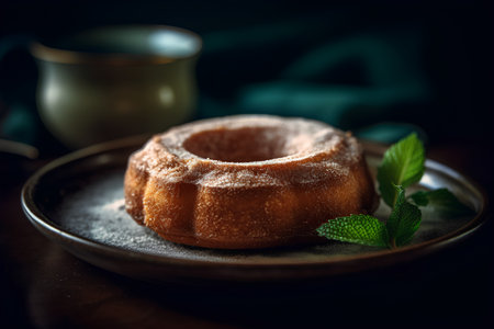 Cake with powdered sugar on a dark background. Selective focus.の素材