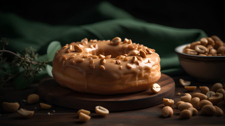 Chocolate donut with cashew nuts on wooden table, selective focusの素材