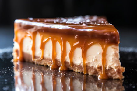 Caramel Cheesecake on black background. Selective focus.の素材