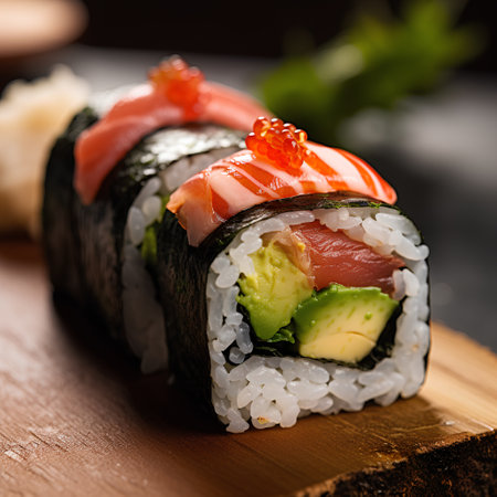 Sushi roll with salmon, avocado and cucumber on wooden boardの素材